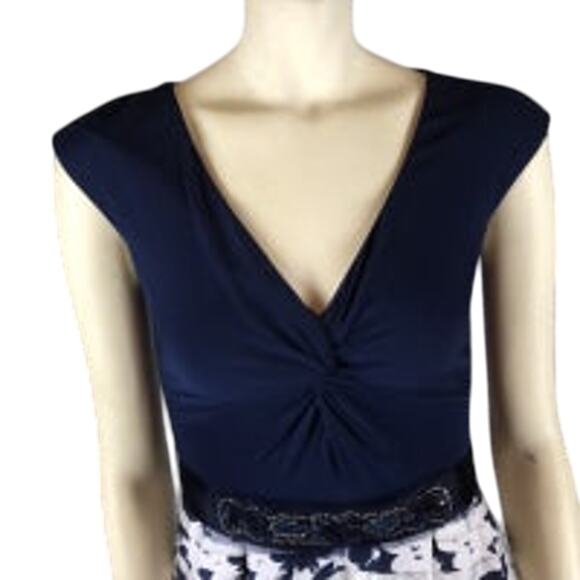 Teri Jon Knot front V-Neck Printed Navy & White Ball evening Gown dress size 2 - Picture 5 of 13